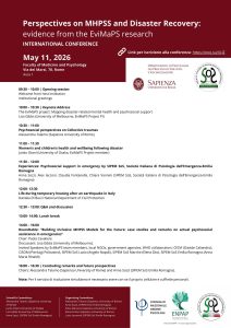 La locandina presenta il programma e le indicazioni per il convegno organizzato a Roma da SIPEM SoS ER su MHPSS and Disaster Recovery