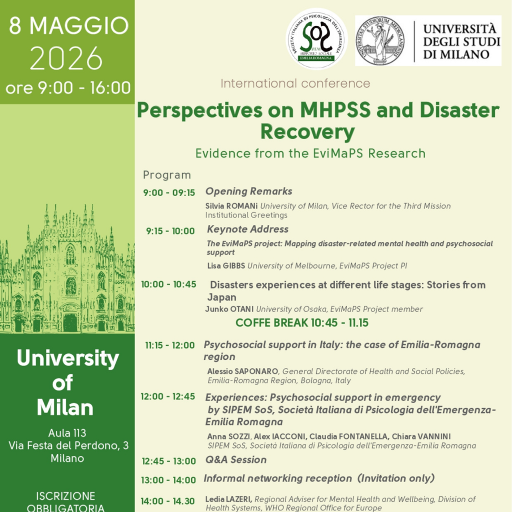 La locandina presenta il programma e le indicazioni per il convegno organizzato a Milano da SIPEM SoS ER su MHPSS and Disaster Recovery